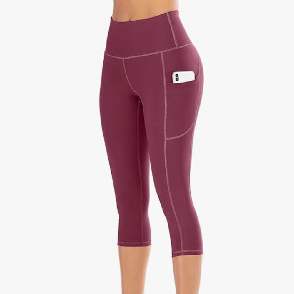 IUGA High Waisted Yoga With Pockets Capri Maroon Leggings Size S